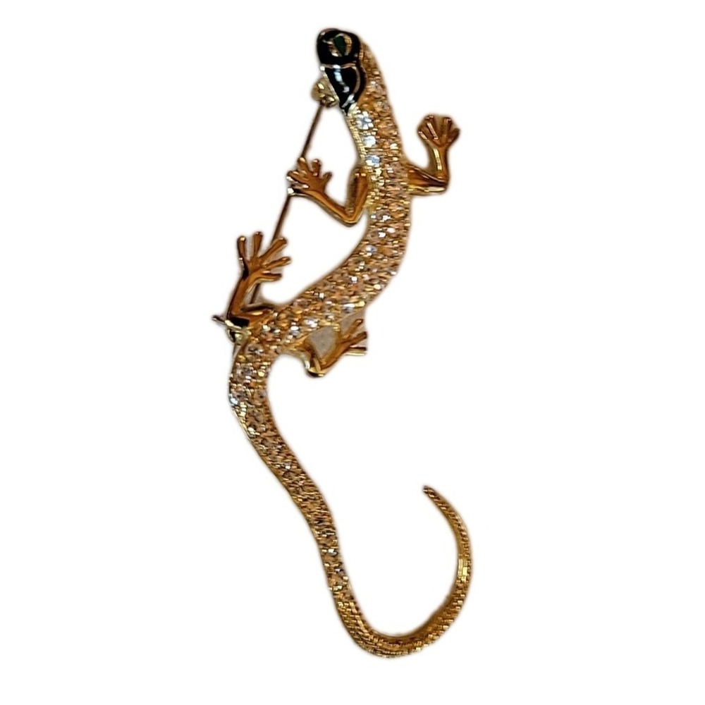 Gold Tone Rhinestone Lizard Gecko Iguana Green Eyes Brooch Pin